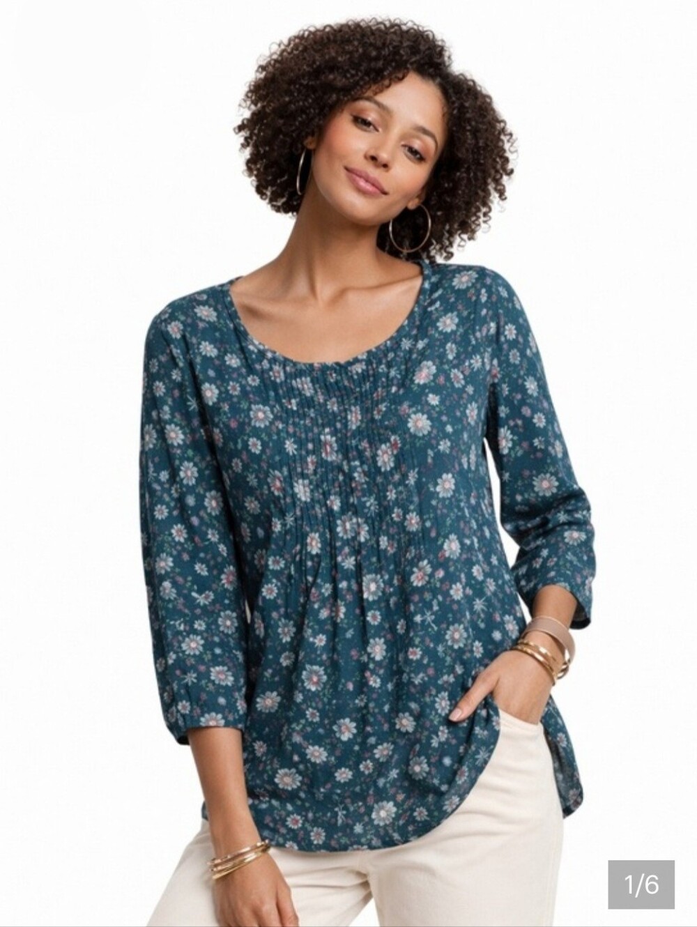 J.jill Small pintuck floral cotton blouse cottagecore Prarie feminine pleated